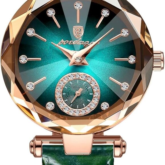 Chic Quartz Ladies Watch in Green Leather - Diamond Inlay & 30M Water Resistance